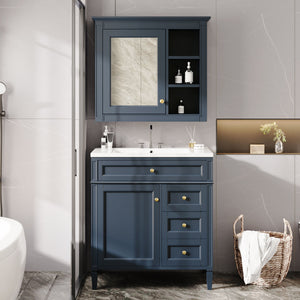 Bathroom Vanity With Top Sink, 2 Doors And 3 Drawers, Freestanding Set With Mirror Cabinet