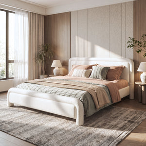 Queen Size Upholstered Platform Bed Frame with Curved Headboard