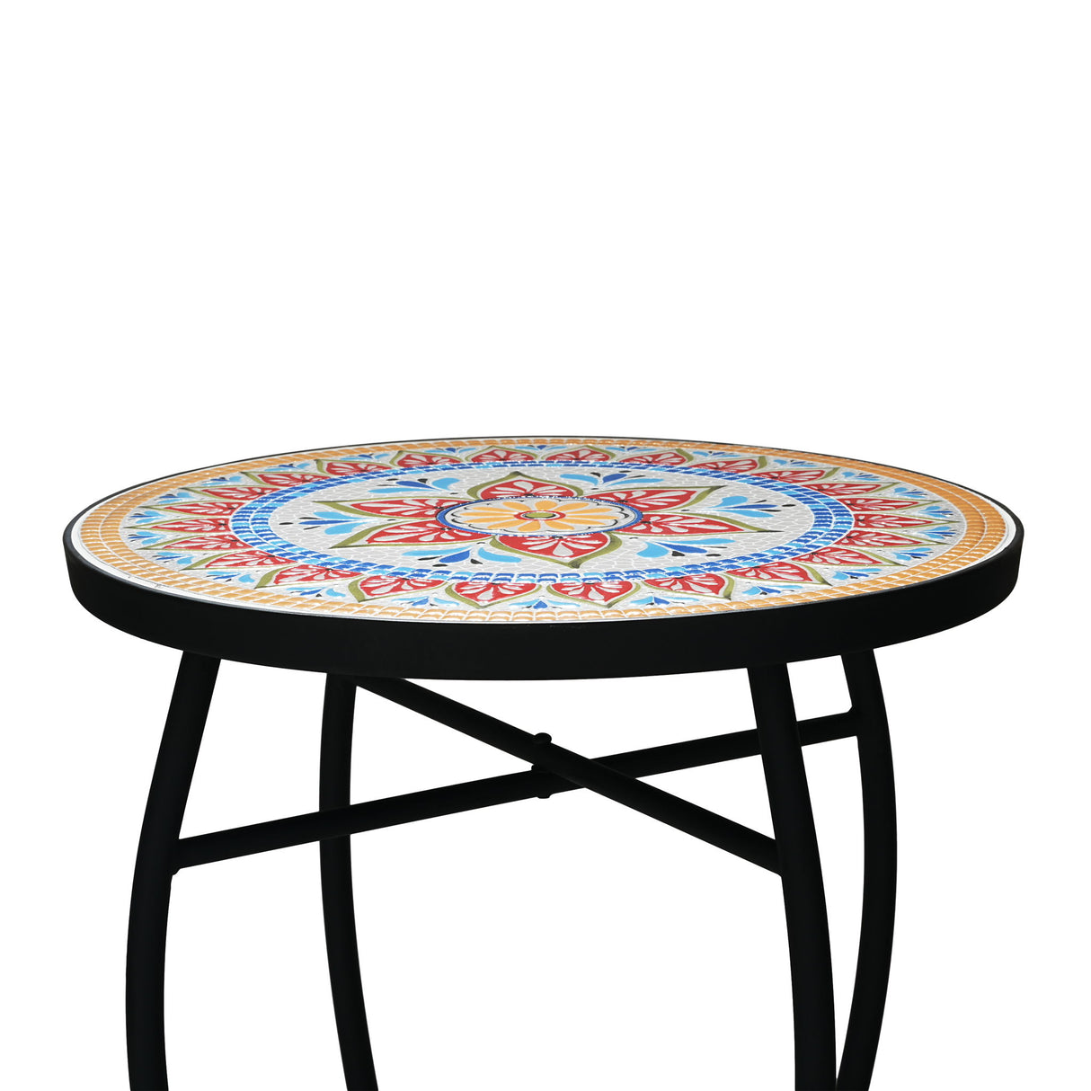 Outdoor Round Side Table With Mosaic Style Top And Curved Iron Legs