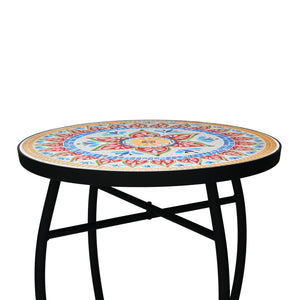 Outdoor Round Side Table With Mosaic Style Top And Curved Iron Legs