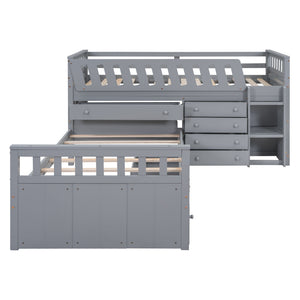 Loft Platform Bed With 7 Drawers And Full Guardrails, Modern L Shaped Space Savin