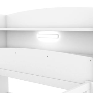 Wood Platform Bed With Built In LED Light, Storage Headboard And Guardrail