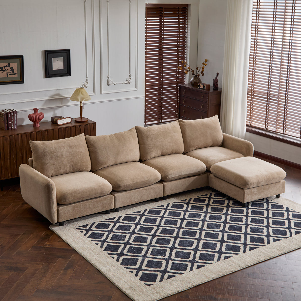 130 in. Oversize 5-Piece Modular Velvet Sectional Sofa with Ottoman