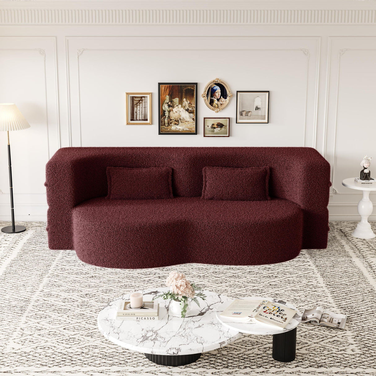 Modern Floor Sofa With 2 Pillows Convertible Teddy Fabric Foam Filled Bed
