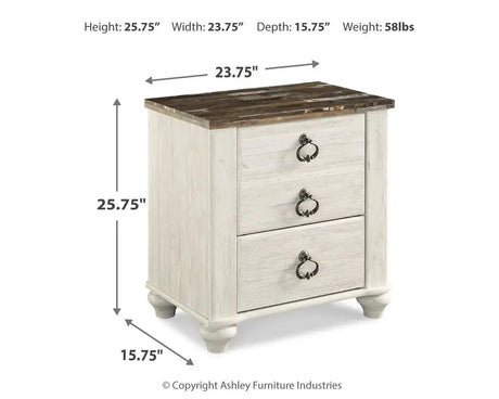 Willowton - Two Drawer Night Stand - Brown / Beige / White