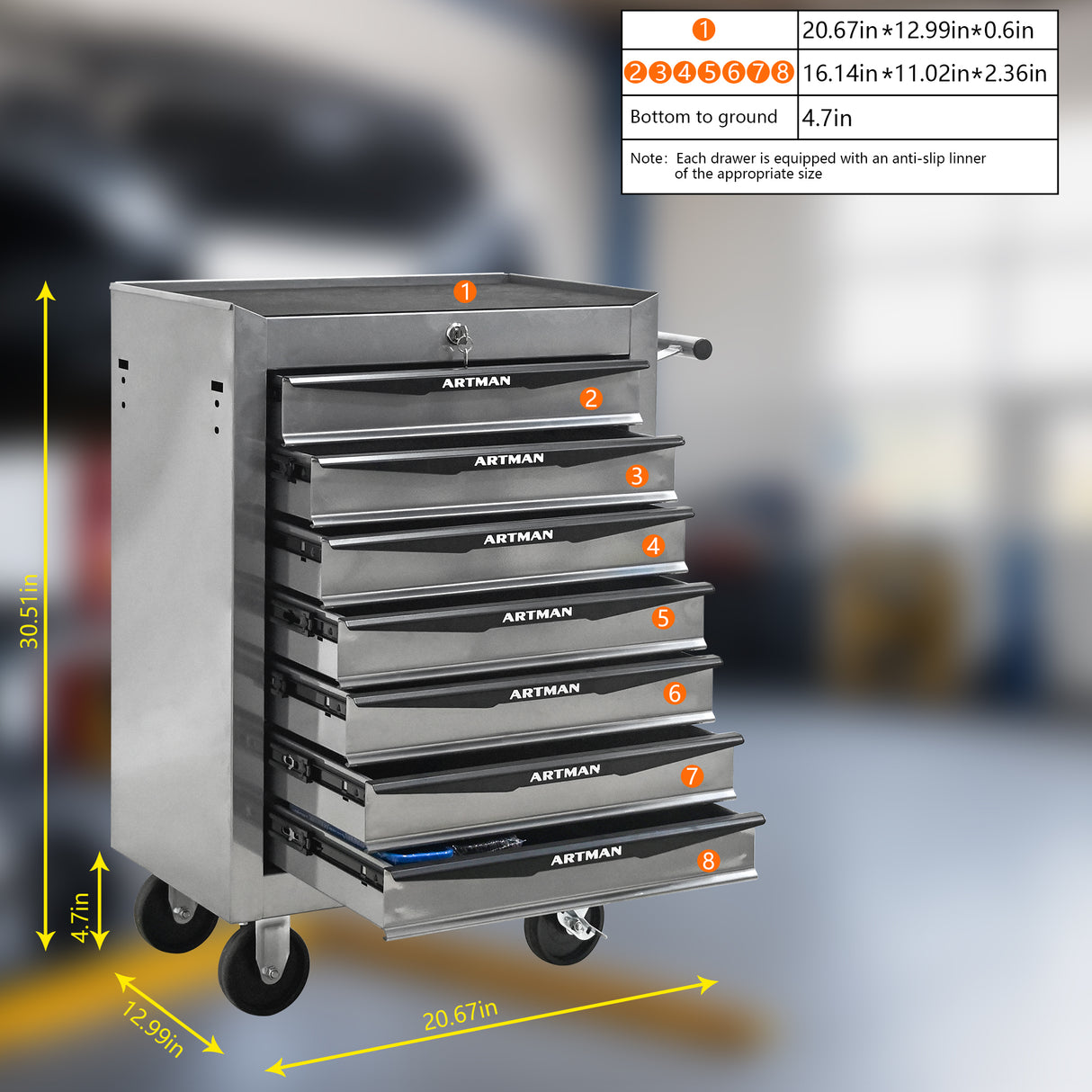 Rolling Metal Tool Chest with 7 Drawers, 20" Cabinet Silver