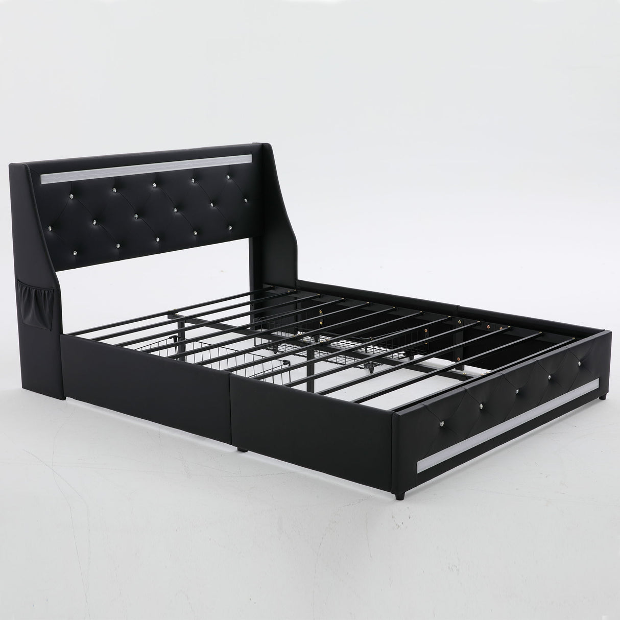 Wingback Upholstered Bed Frame With LED Lights, Charging Station