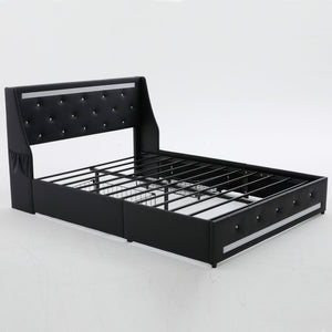 Wingback Upholstered Bed Frame With LED Lights, Charging Station