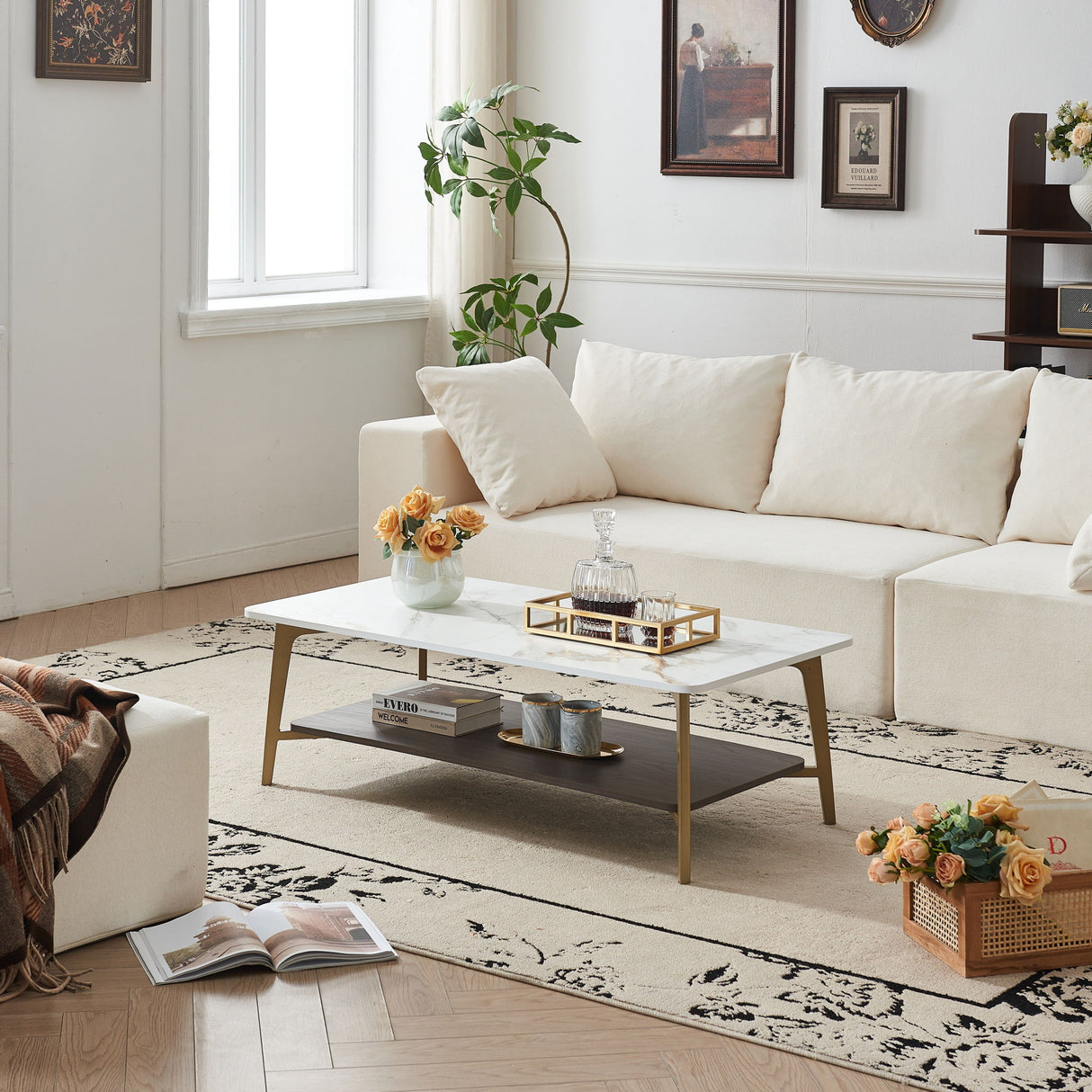 Coffee Table Rectangular Center Table For Living Room Open Space Side Table With Metal Frame - Golden / White