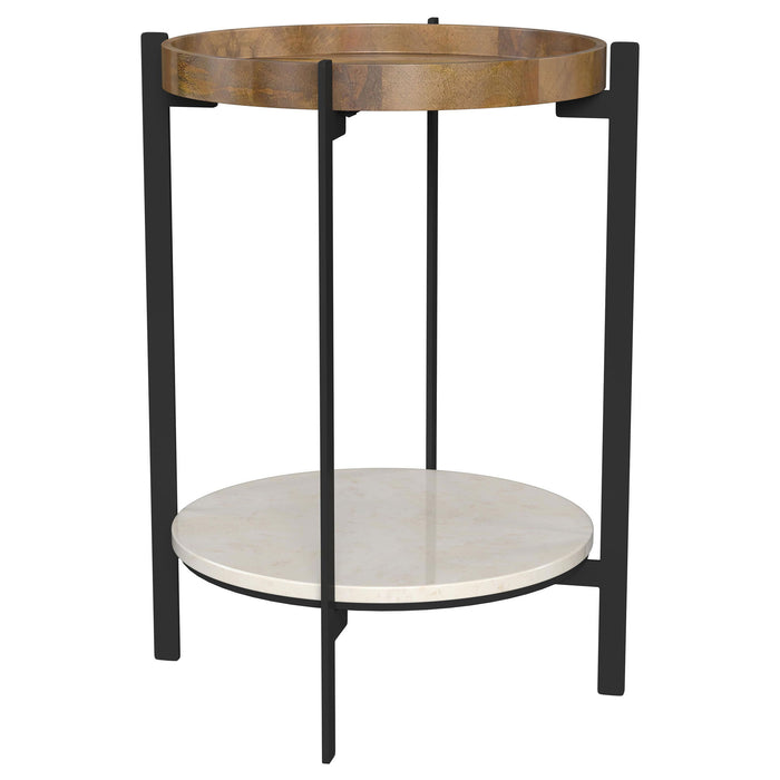Natural Mango Wood Round End Table with White Marble Shelf - Natural
