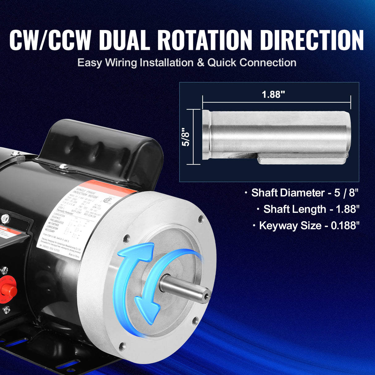 0.75HP Electric Motor 1725 RPM AC 115V/230V 56C Frame