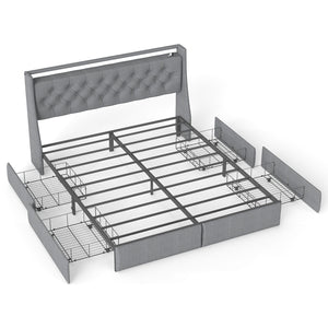 Queen Platform Bed Frame With RGB LED & Charging Station, Storage Headboard
