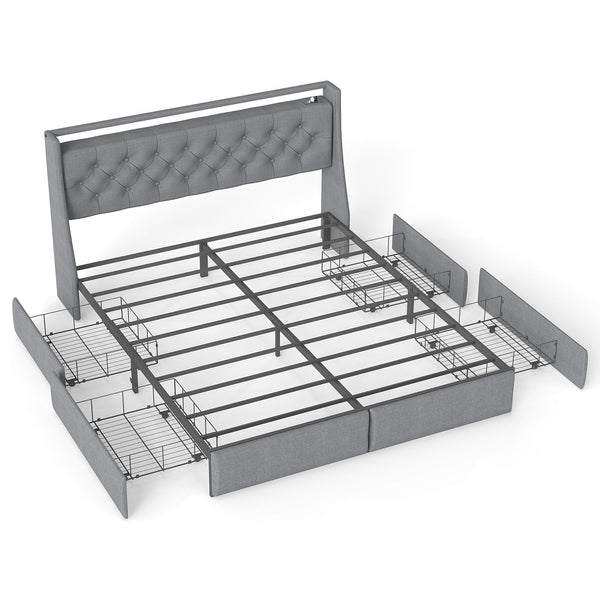 Queen Platform Bed Frame With RGB LED & Charging Station, Storage Headboard