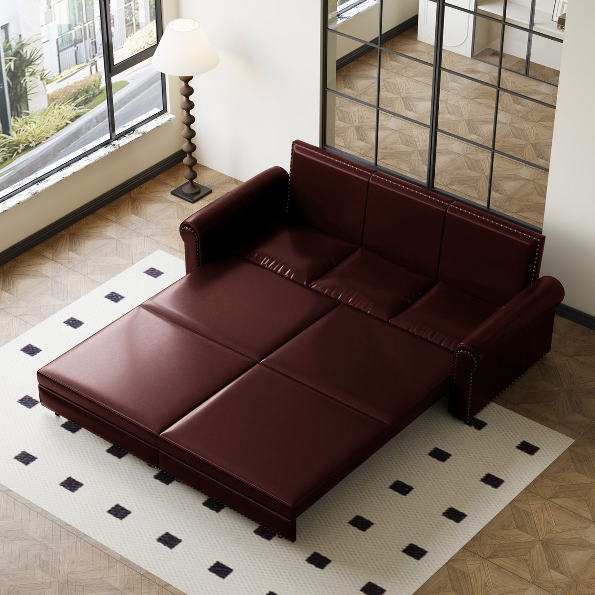3 In 1 Convertible Sleeper Sofa With Nailhead Trim & Rolled Arm