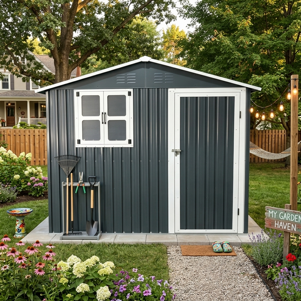 8x4 Foot Outdoor Metal Storage Shed with Openable Window, Coal Grey