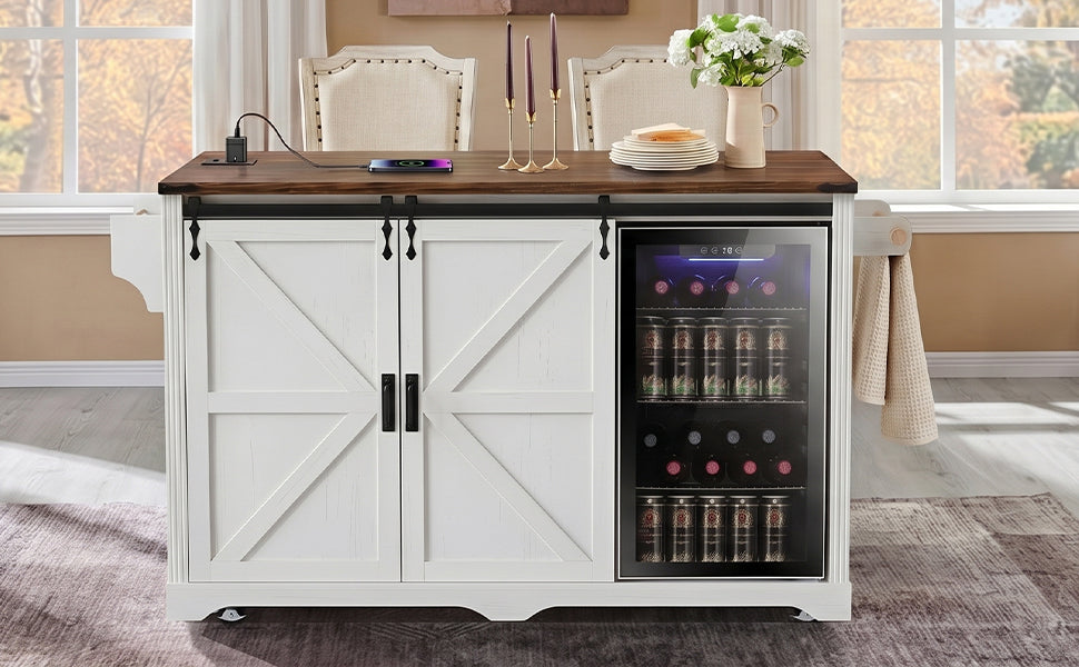 K&K 72" Farmhouse Kitchen Island with Fridge Storage Space
