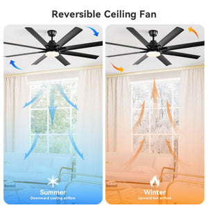 Smart Ceiling Fan With 8 Blades, Voice Remote Control, 6 Wind Speeds, Reversible DC Motor, 3 Color Lighting - Black