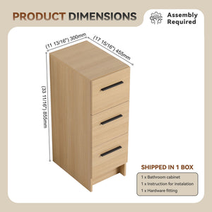 Slim Freestanding Bathroom Storage Cabinet, 3 Drawers - Light Oak