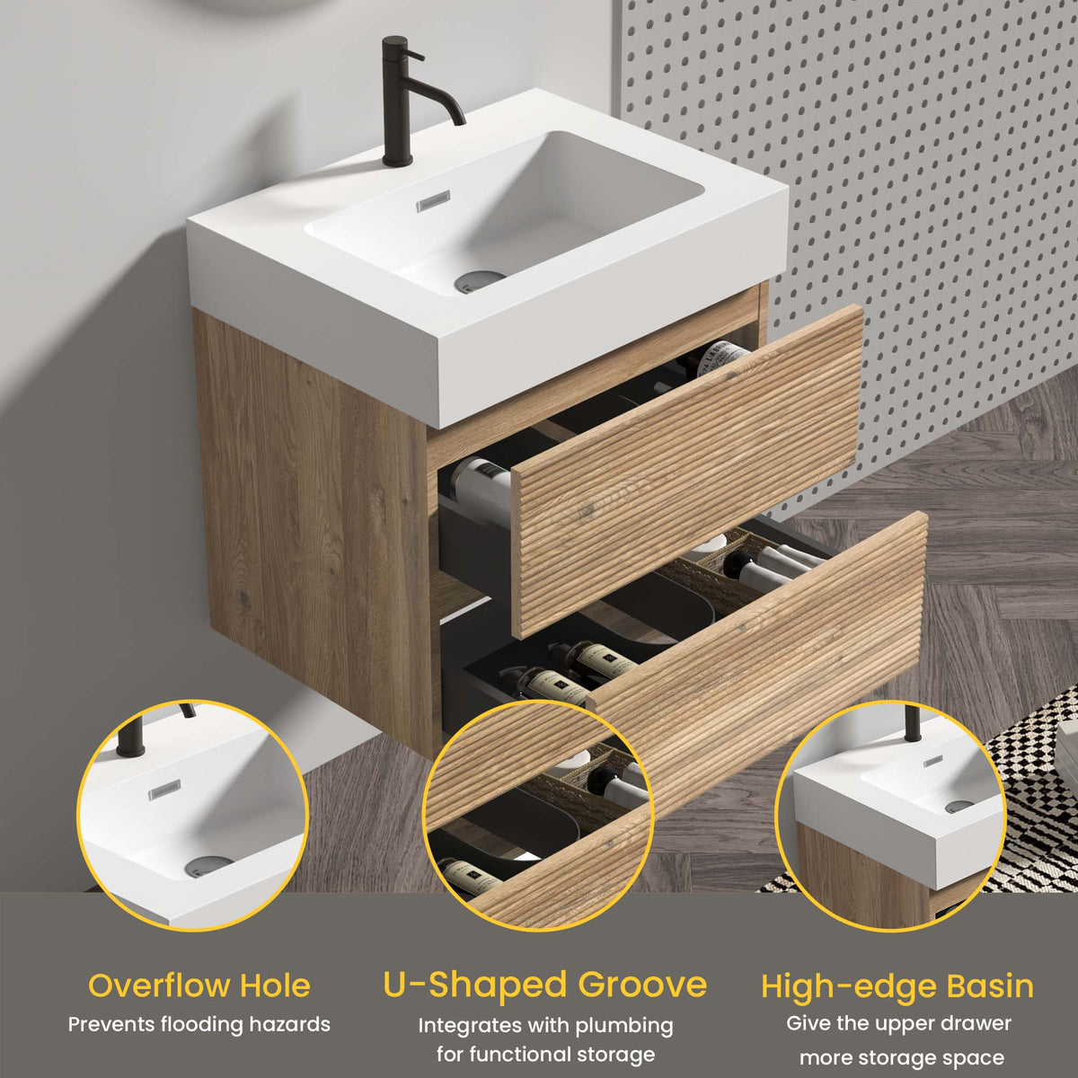 Grace 24-Inch Wall-Mounted Bathroom Vanity, Oak with White Solid Surface Sink