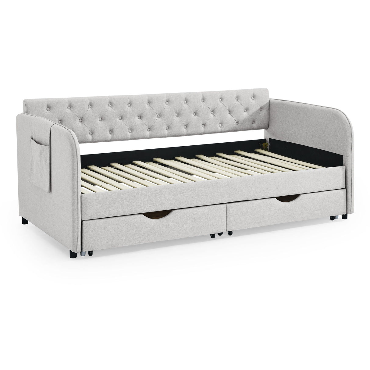 Daybed With Trundle And Storage Drawers, Flat Arms With Pocket