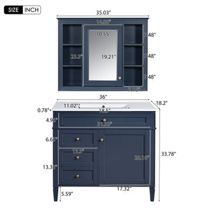 Bathroom Vanity With Mirror Cabinet, Single Sink With 2 Soft Closing Doors And 4 Drawers