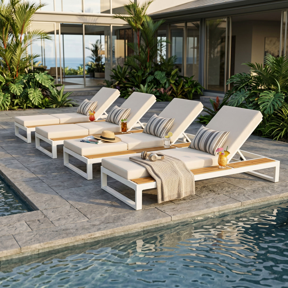 White Iron & Teak Finish Chaise Lounge Set
