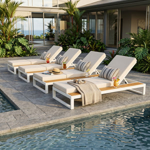 White Iron & Teak Finish Chaise Lounge Set