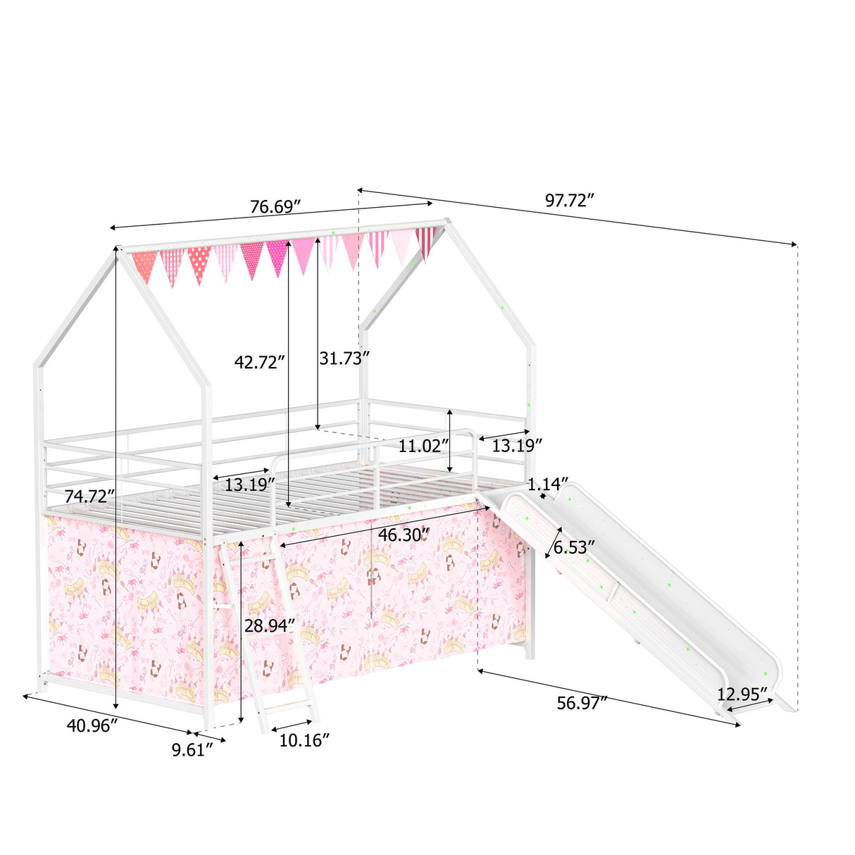 Jack - House Loft Bed With Slide And Curtain Set