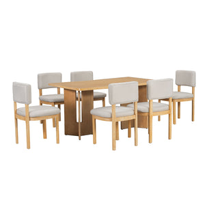 Dining Table Set With 6 Upholstered Chairs, Rectangular Table With Cutout Legs