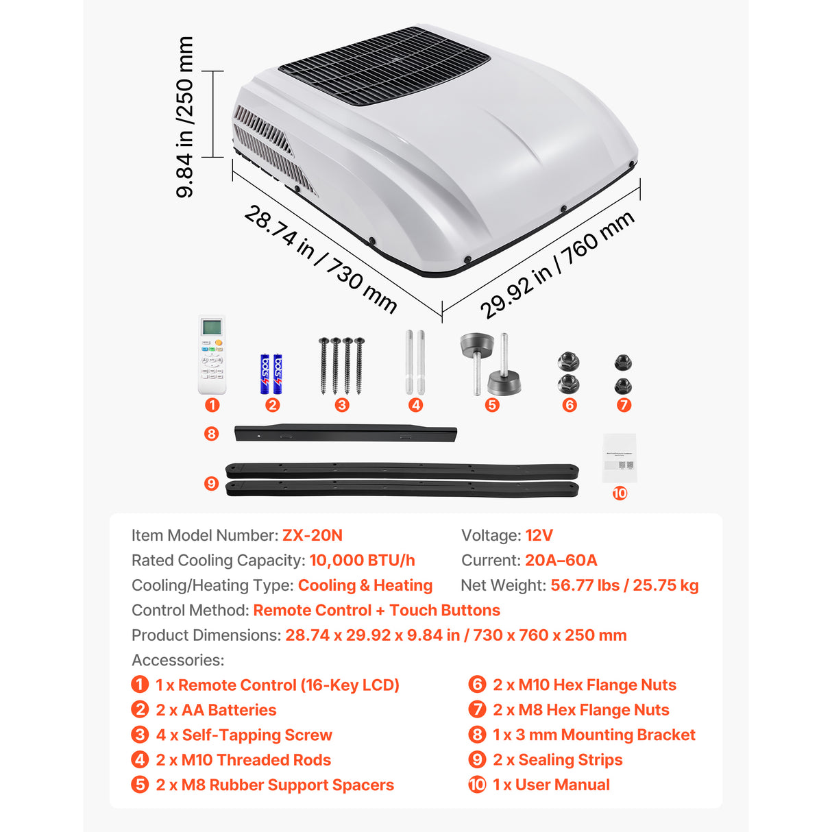 Truck Air Conditioner, 12V 10000 BTU Dual Cooling & Heating Unit