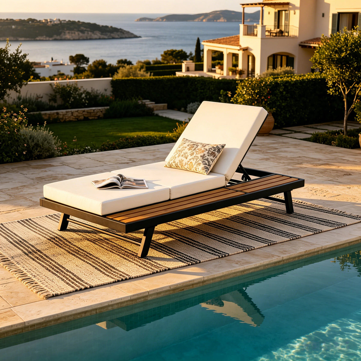 Black Iron + Teak Finish Chaise Lounge Set with Dark Frame