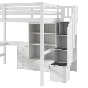 Loft Bed & L Shaped Desk, Drawers, Cabinet, And Storage Staircase