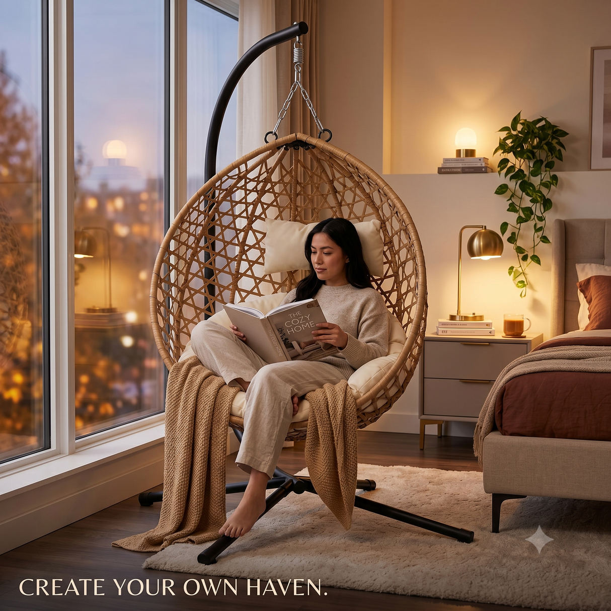 Foldable Hanging Egg Chair with Stand and Cushion