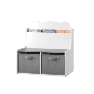 Bookshelf With Storage Bins, Bookcase With Book Display Shelf And 2 Bins, Cute Bear Shaped Backboard, Toy Organizer - White