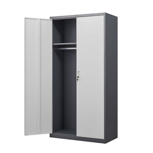 Wardrobe With Hanging Rod And Compartments, Lockable Closet With Locks & Keys For Bedroom - Gray