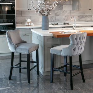 Contemporary Upholstered Wing-Back Barstools With Button Tufted Decoration And Wooden Legs, And Nailhead Trim, Leisure Style Bar Chairs, Bar Stools (Set of 2)