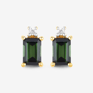 1.24 Carat Genuine Green Tourmaline and White Diamond 14K Yellow Gold Earrings