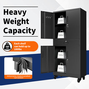 Metal Storage Cabinet with Drawer, Locking Doors, and Rolling Wheels