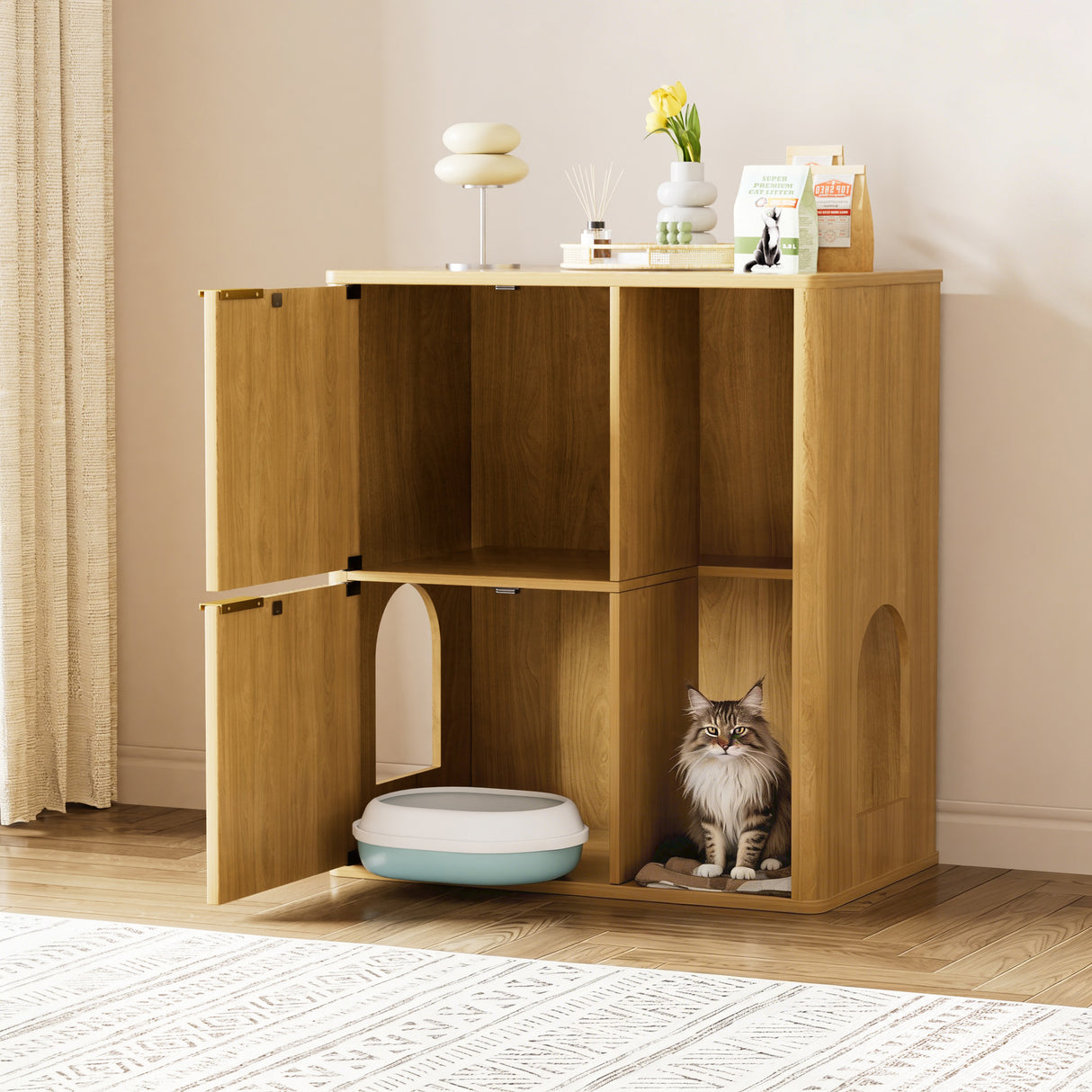 31.5-inch Light Wood Cat Litter Cabinet with Cat Tree