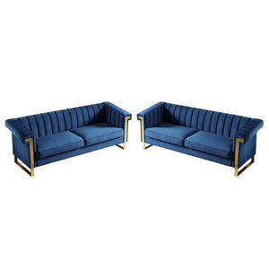 Vintage Blue Velvet 2 Piece Sofa Set