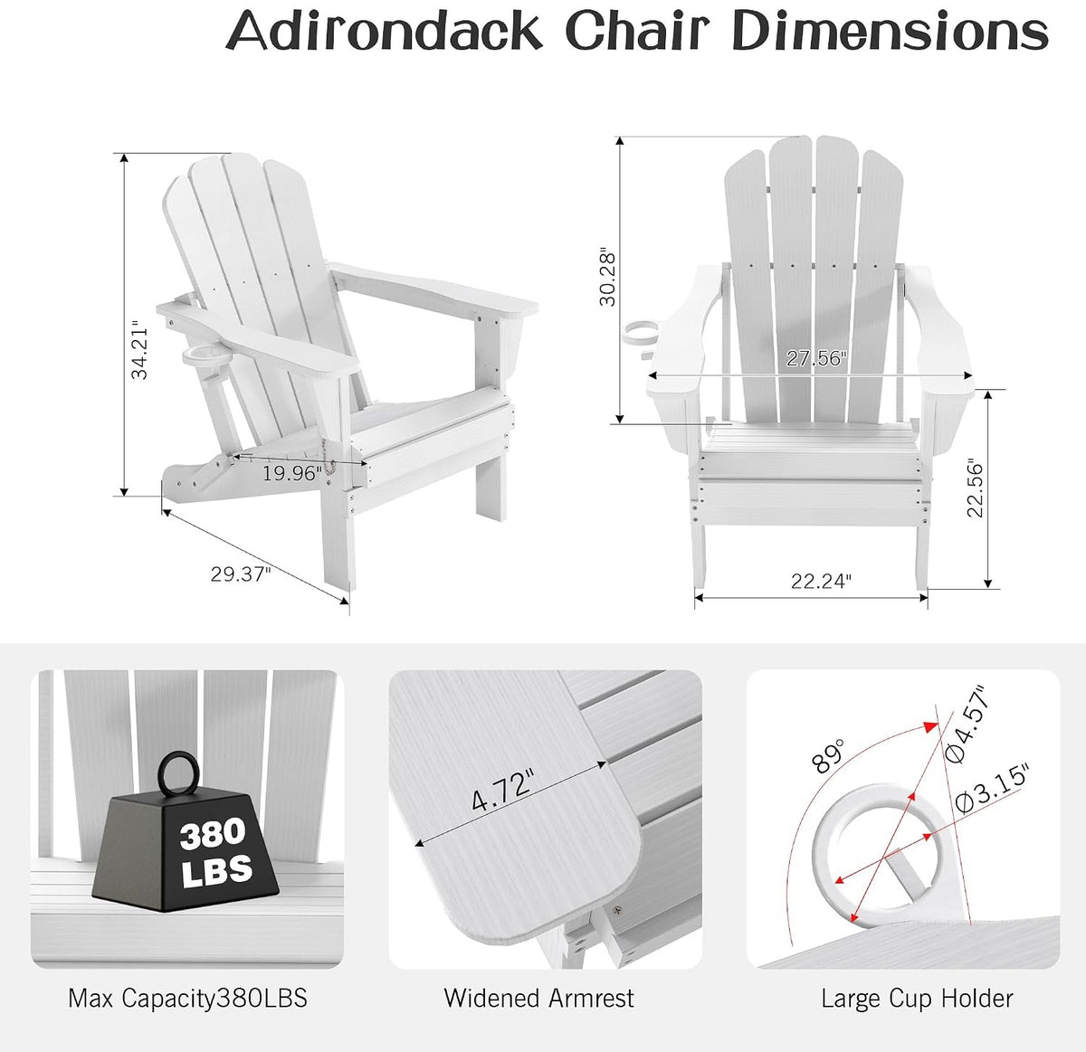 Adirondack Chairs Set of 2 with Folding Design and Cup Holder - White