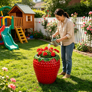 15'' tall Strawberry Shaped Planter Pot, Cute Fruit Decorative Flower Vase, Weather Resistant Outdoor Garden Planter for Patio Porch Yard Lawn Entryway Home Tabletop Decor