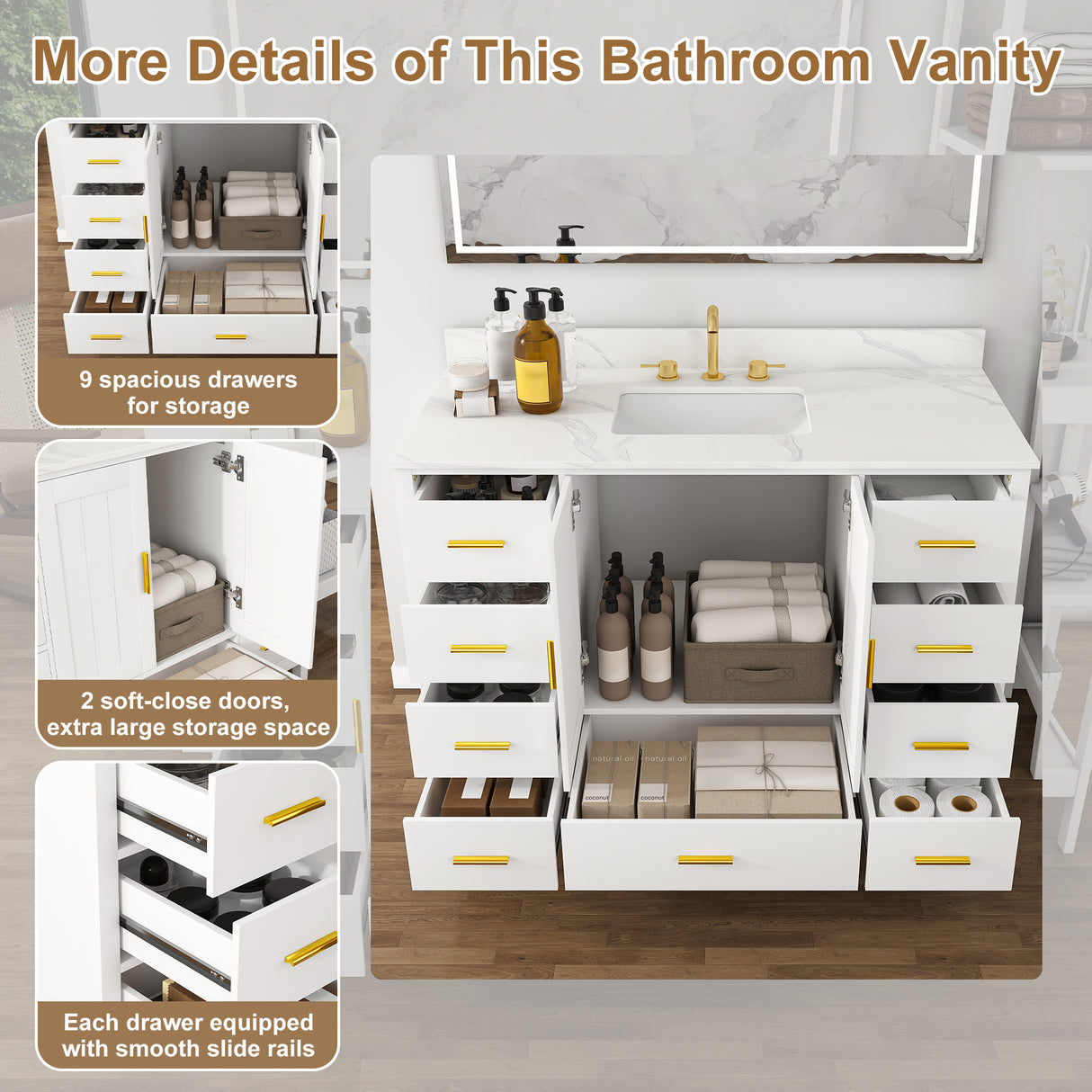 48" Modern Solid Wood Bathroom Vanity with Sink, 49" Carrara