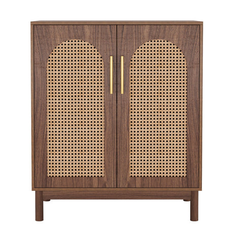 Sideboard Buffet Cabinet With Handwoven Rattan Doors (Set of 2) - Dark Brown