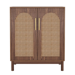 Sideboard Buffet Cabinet With Handwoven Rattan Doors (Set of 2) - Dark Brown