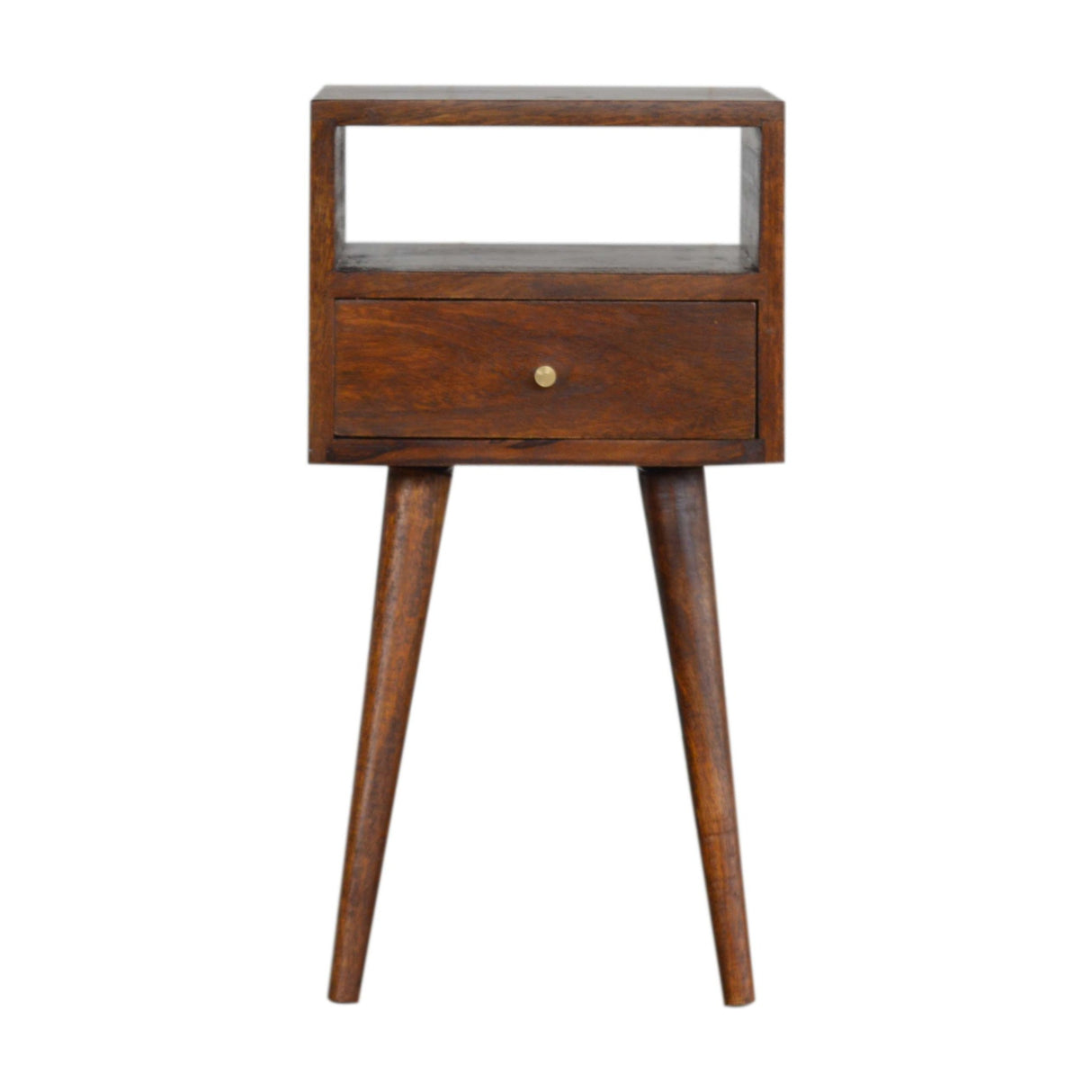 Solid Wood Mini Nightstand, 1-Drawer, 1 Open Slot, Chestnut