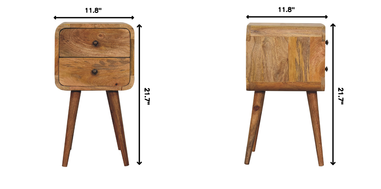 Solid Wood Mini Curved Nightstand, 2-Drawers, Oak-ish