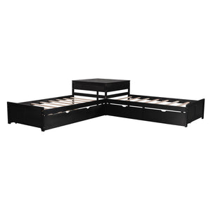 L Shaped Platform Bed With Trundle And Drawers Linked With Built In Desk