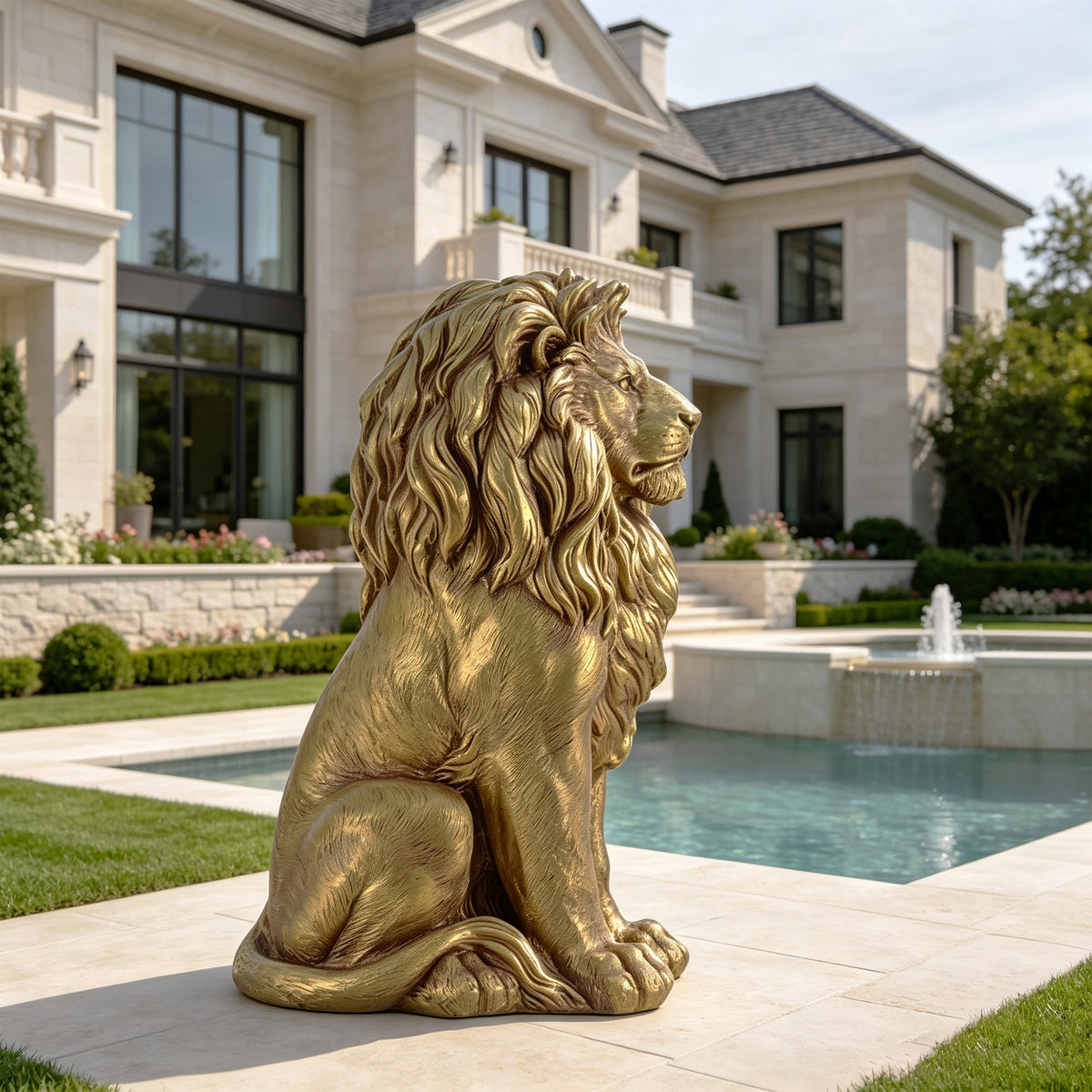 24" Outdoor Lion Statue with Magnesium Oxide Construction - Gold
