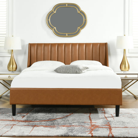 Aspen Vertical Tufted Modern Headboard Platform Bed Set, Queen, Caramel Tan Brown Faux Leather
